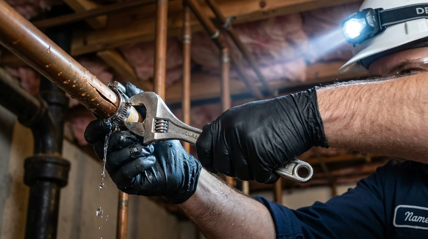 Emergency pipe clamp repair being performed by a Johns Plumbing LLC plumber in Durant