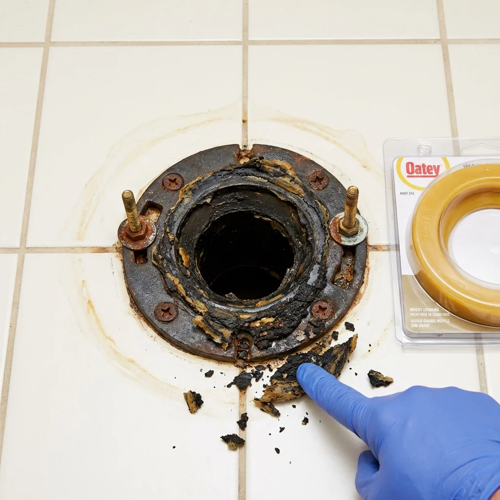 Failed wax ring showing water seepage at the base of a toilet in a Durant, OK home