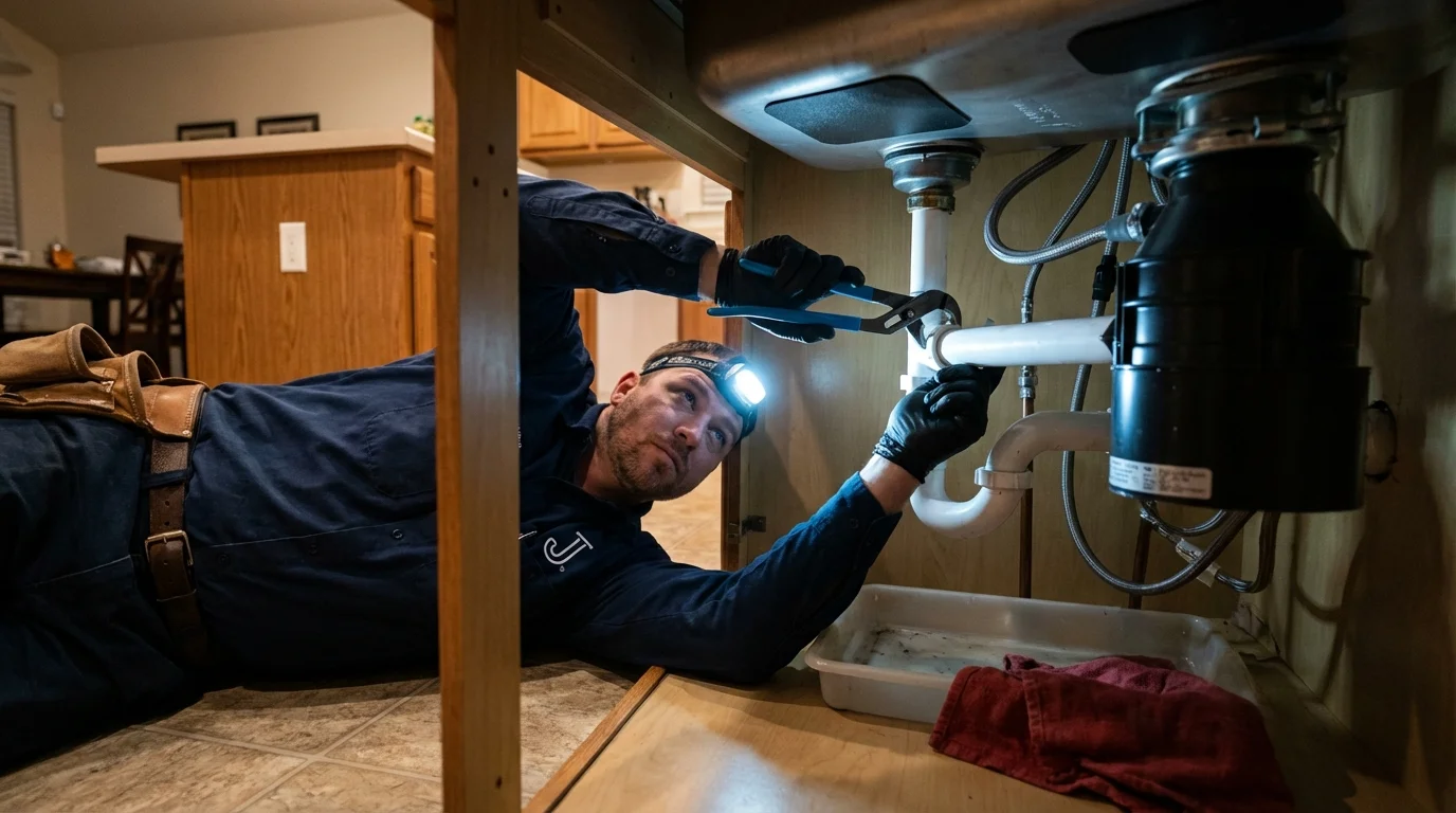 P-trap and supply line connections under a kitchen sink showing a common leak point in Durant, OK